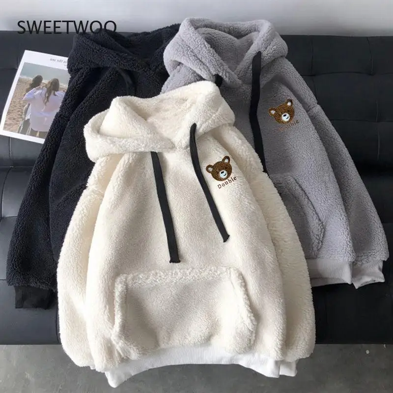 

Kawaii Cartoon Bear Sweatshirt Hoodie Women's Autumn and Winter Plush Warmth Fluffy Pullover Pajamas Loose Soft Hooded Top