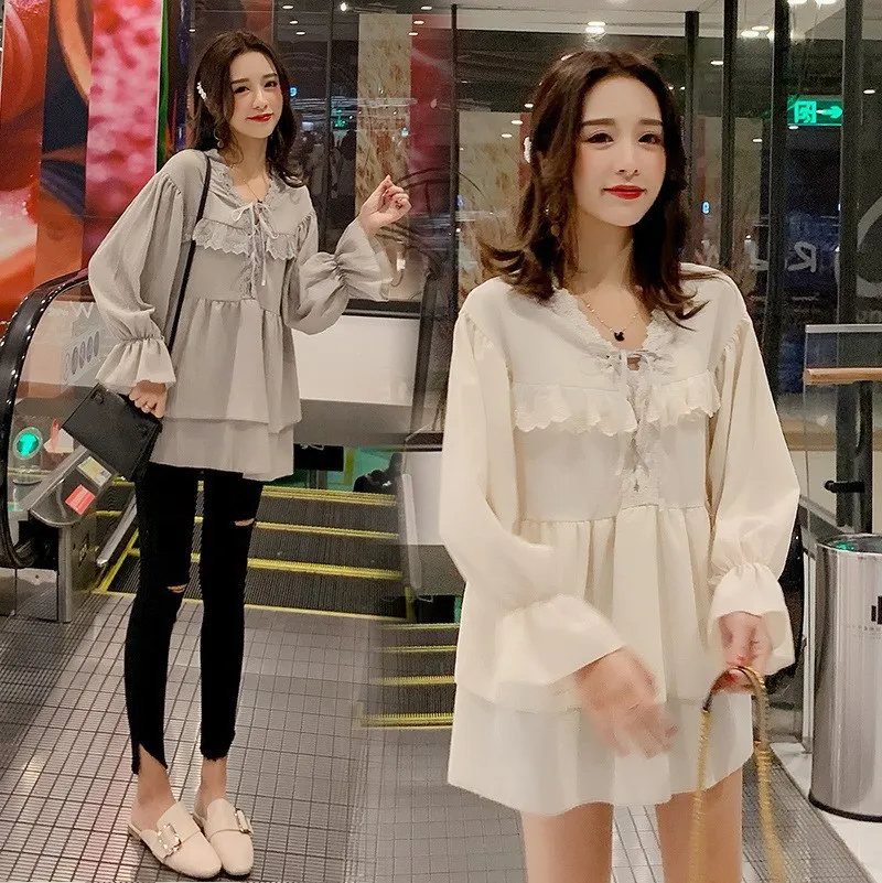 2019 Early Spring And Summer New Style Large Size Maternity Clothes Lace Long Sleeve Chiffon Shirt Base Shirt Fashion Hot Mom Lo