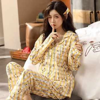2020 Spring Autumn Women Pajamas Yellow Plaid Cotton Long Sleeve Home Wear Thin Korean Style Plus Size Animal Print Pajamas Suit 
2020 Spring Autumn Women Pajamas Yellow Plaid Cotton Long Sleeve Home Wear Thin Korean Style Plus Size Animal Print Pajamas Suit