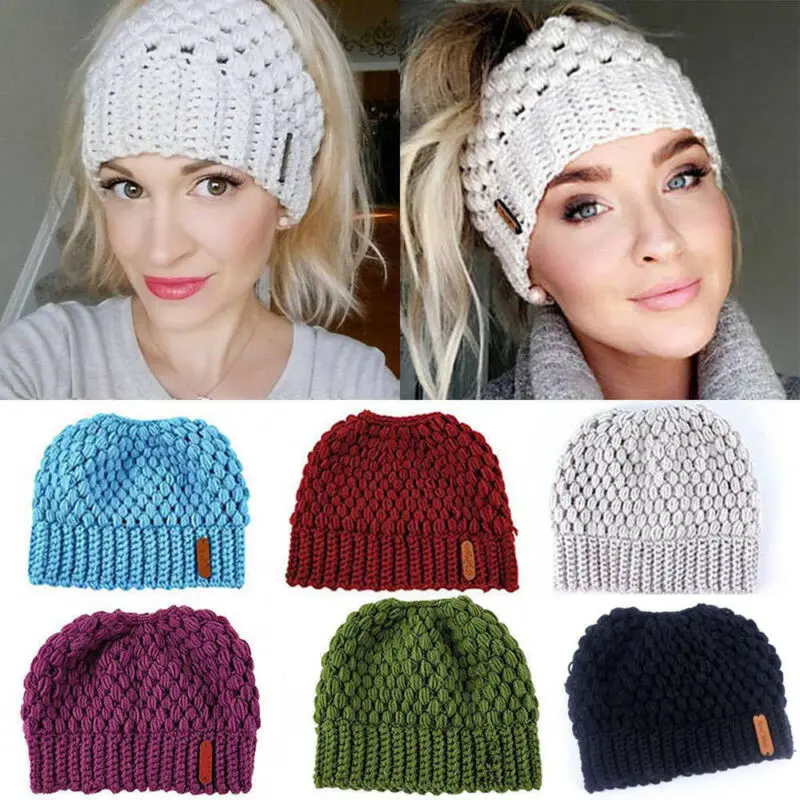 

Brand Fashion Women Beanie Ponytail Hat Lady Beanie Tail Messy Soft Bun Knitted Cap Skull Stretchy Winter Warm Hats Accessories