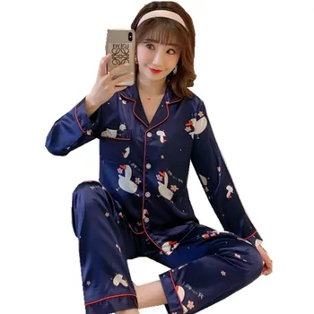 Women's Pajamas Set Spring And Autumn Female Simulation Silk Pyjamas Sets Long Pants Hots Sleeve Thin Pijamas Suits Home Service
Women's Pajamas Set Spring And Autumn Female Simulation Silk Pyjamas Sets Long Pants Hots Sleeve Thin Pijamas Suits Home Service