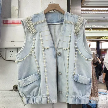 2020 Spring Autumn New Jeans Jacket Korean Sleeveless Jean Vest Heavy Nail Bead Diamonds Loose Thin Denim Jackets Women Coats
2020 Spring Autumn New Jeans Jacket Korean Sleeveless Jean Vest Heavy Nail Bead Diamonds Loose Thin Denim Jackets Women Coats