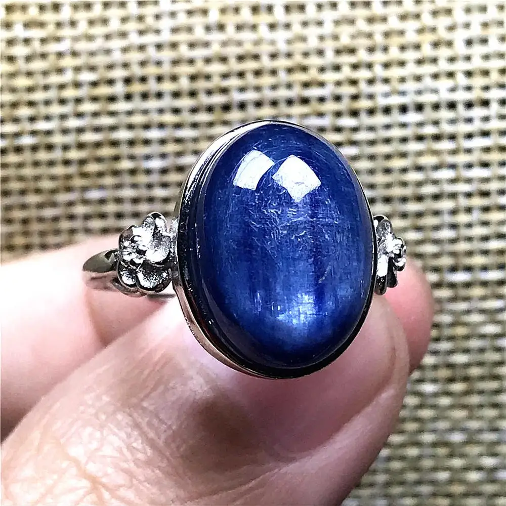 

16x12mm Natural Blue Kyanite Ring Jewelry For Woman Man Anniversary Love Oval Beads Silver Cat Eye Crystal Adjustable Ring AAAAA