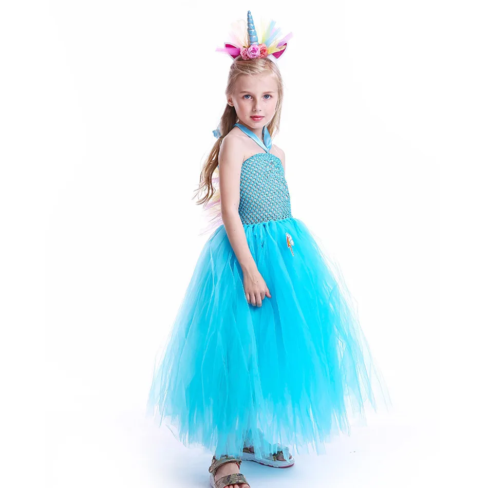 Blue Girls Tutu Dress With Flower Unicorn Headband Baby Fluffy Tulle Robe Kids Girl Performance Halloween Costume Vestidos Clothes (9)