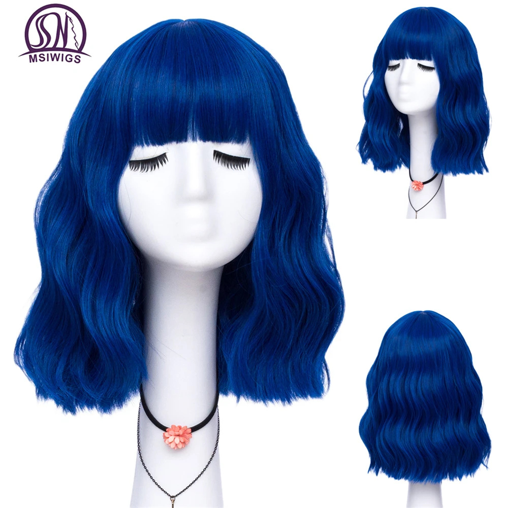 

MSIWIGS Short Curly Blue Bobo Synthetic Cosplay Wigs for Women Orange Red Green Natural Heat Resistant Hair with Bang for Girl