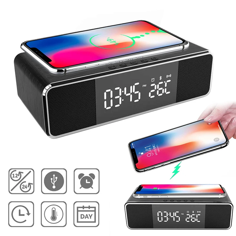 FM Radio Bluetooth Speaker Alarm Clock Temperature Time Display With Wireless Mobile Phone Charging LED Electronic Desktop Decor | Дом и сад