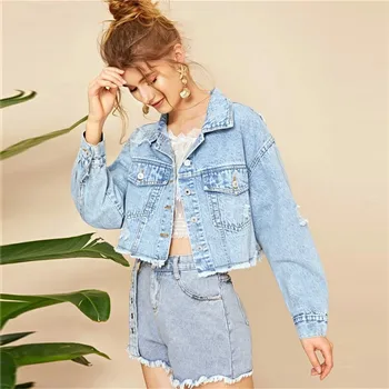 Blue Ripped Frayed Edge Flakes Crop Denim Jacket Women Casual Single Breasted Jeans Short Coat Outwear Spring Autumn Streetwear
Blue Ripped Frayed Edge Flakes Crop Denim Jacket Women Casual Single Breasted Jeans Short Coat Outwear Spring Autumn Streetwear