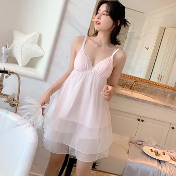 Summer Palace Style Fairy Goddess With Chest Pad Nightdress Mesh Sexy Suspenders Shorts Two-Piece Female Fluffy Yarn Sleepwear