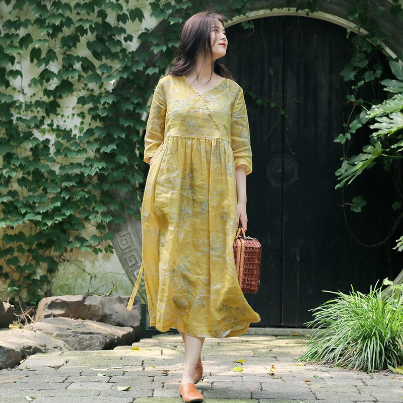 Summer Ramie V-neck Lace Robe National Style Print Loose Mid-length Plus Size Ramie Hlaf Sleeve Belt Dress
Summer Ramie V-neck Lace Robe National Style Print Loose Mid-length Plus Size Ramie Hlaf Sleeve Belt Dress