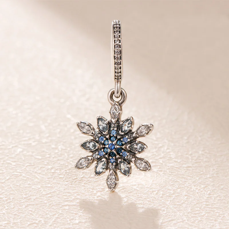

925 Sterling Silver Snowflake Dangle with Blue and Clear Cz Charm Bead Fits All European Pandora Jewelry Bracelets Necklaces
