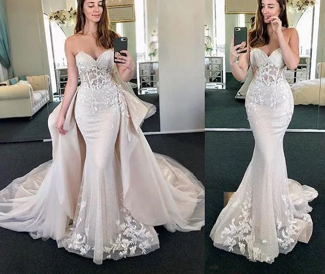 New Arrival Mermaid Wedding Dresses 2020 Sweetheart Sleeveless Chapel Train Lace Tulle Bridal Gowns with Removable Skirt
New Arrival Mermaid Wedding Dresses 2020 Sweetheart Sleeveless Chapel Train Lace Tulle Bridal Gowns with Removable Skirt
