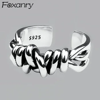 

Foxanry 925 Sterling Silver Vintage Woven Winding Rings for Women Line Knotted Opening Thai Silver Finger Ring Jewelry Creative