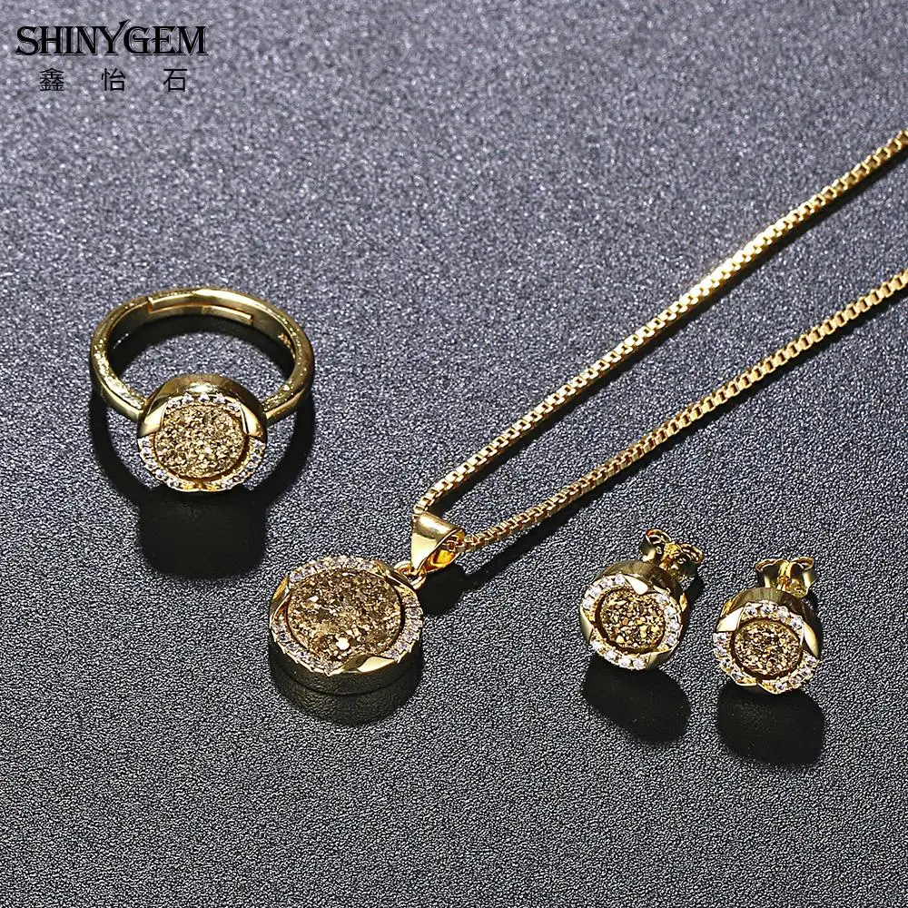 

ShinyGem Natural Druzy Stone Jewelry Set Adjustable Crystal Necklace Earrings Ring Sets Multicolor Round Gems Jewelry For Women