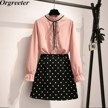 2020 Spring 2 Piece Set New Korean Flounced Tops Lace up Bow Women' Long Sleeve Chiffon Blouse and Dot Skirt Outfits 
2020 Spring 2 Piece Set New Korean Flounced Tops Lace up Bow Women' Long Sleeve Chiffon Blouse and Dot Skirt Outfits