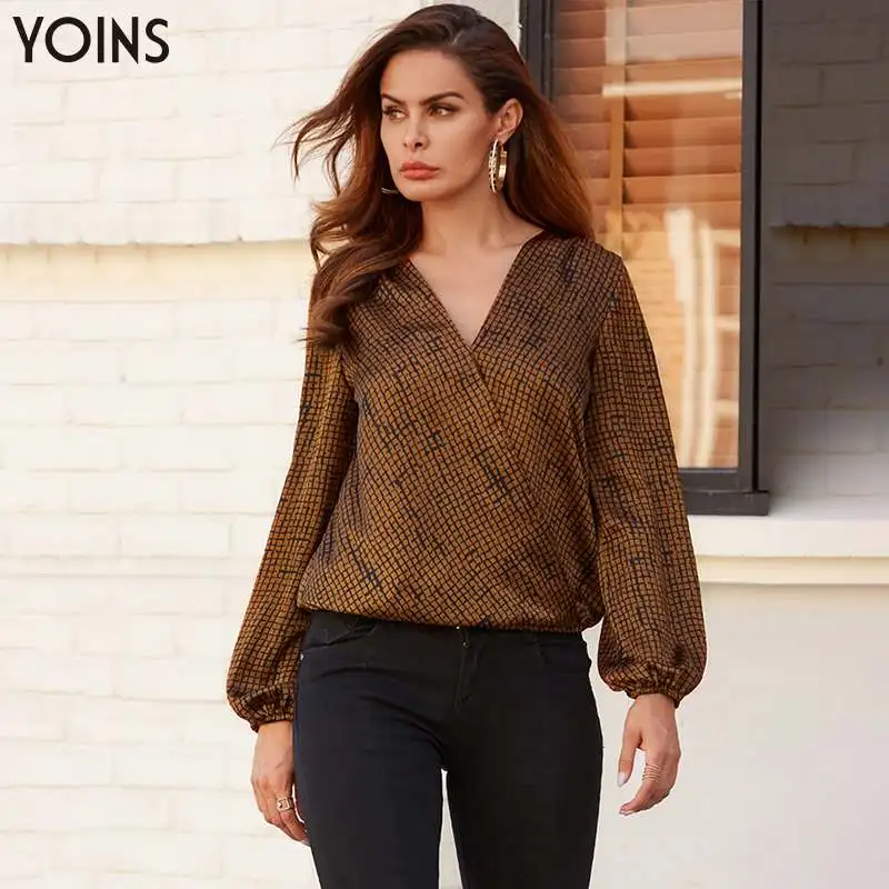 

YOINS 2019 Autumn Blouses Vintage Check Wrapped Satin Blouse Long Sleeves V-neck Shirts Female Elegant Office Chic Tops Blusas