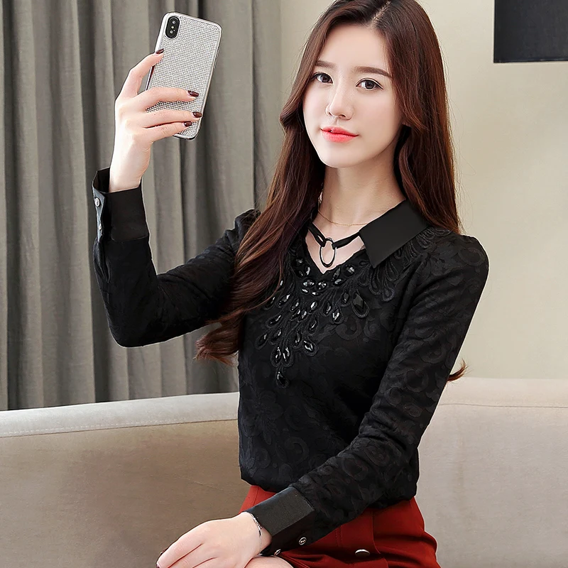 COIGARSAM Casual Lace blouse women Spring Full Sleeve Chiffon Add Wool blusas womens tops and blouses Black 872
COIGARSAM Casual Lace blouse women Spring Full Sleeve Chiffon Add Wool blusas womens tops and blouses Black 872
