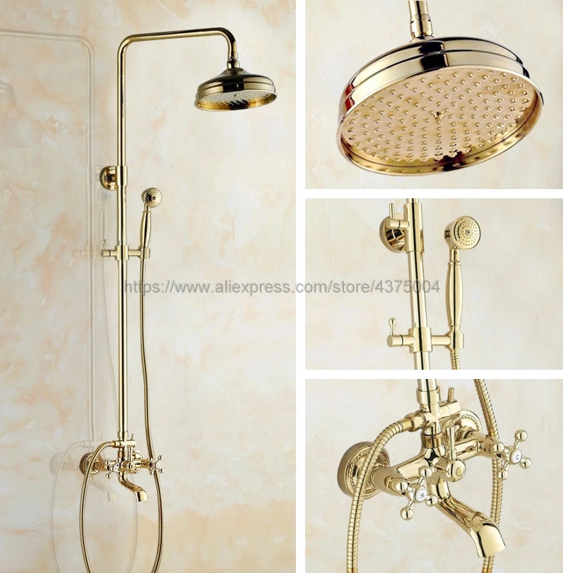 

Polished Gold Shower Bath Faucet Sets Wall Mounted EXposed 8" Rainfall Shower Mixers with Bathtub Mixer Tap / Handshower Ngf341