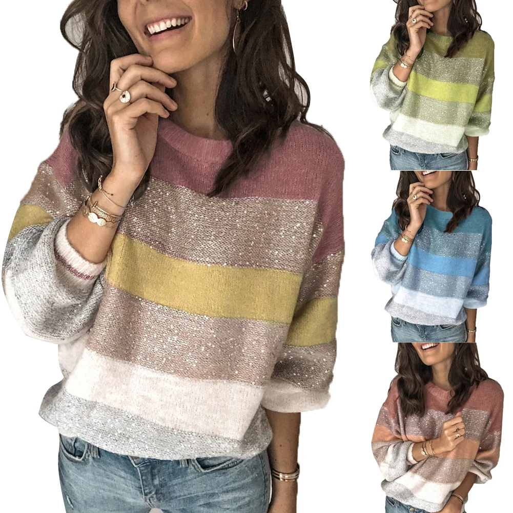 2020 Women Multicolor Wide-Stripes Knitted Tops Girls O-Neck Long-Sleeves Pullover Sweater Female Casual Autumn Outwear
2020 Women Multicolor Wide-Stripes Knitted Tops Girls O-Neck Long-Sleeves Pullover Sweater Female Casual Autumn Outwear
