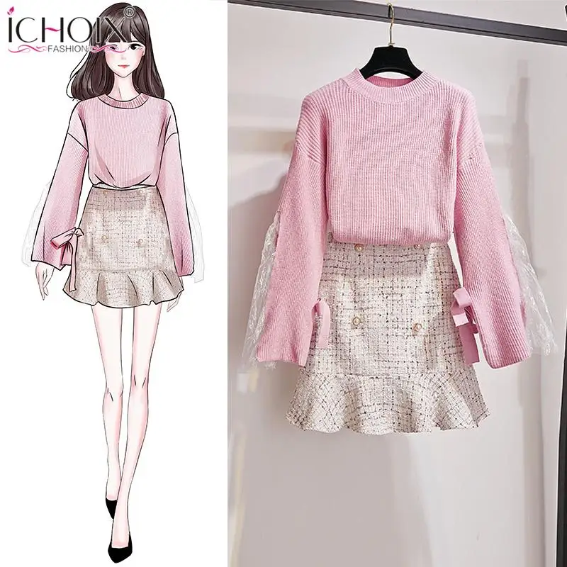 ICHOIX Winter sweater women 2 piece set sweet Korean set clothing Flare Sleeve knitted tops+ mini skirt set 2 piece outfits Pink 
ICHOIX Winter sweater women 2 piece set sweet Korean set clothing Flare Sleeve knitted tops+ mini skirt set 2 piece outfits Pink