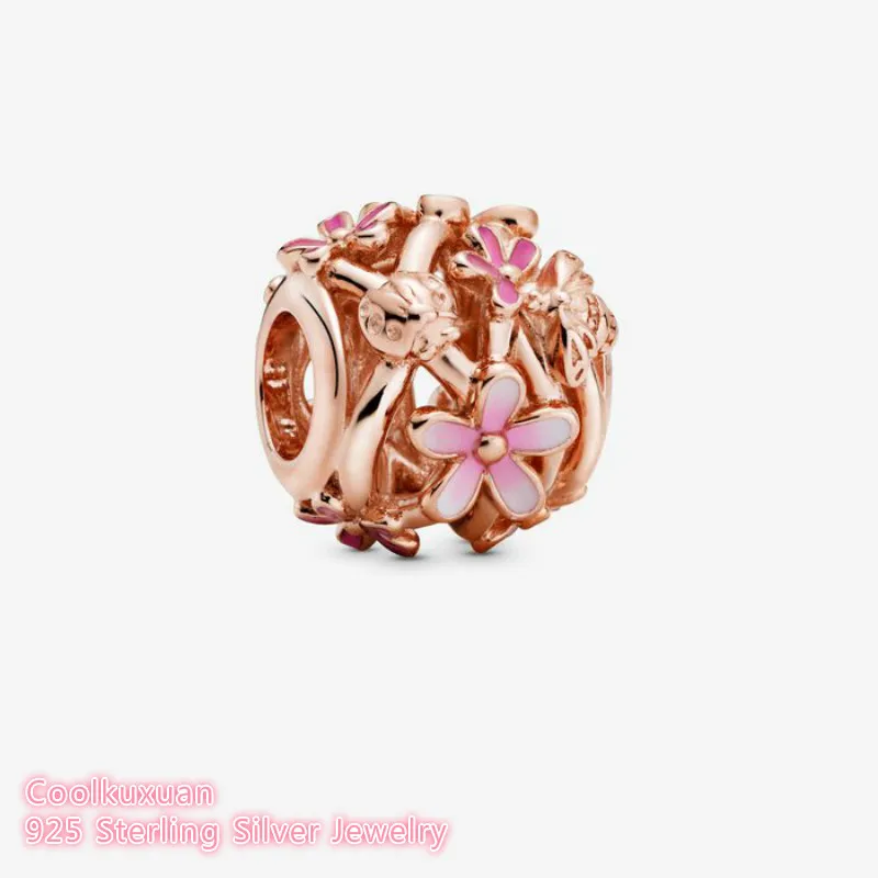 

Spring 100% 925 Sterling Silver Openwork Pink Daisy Flower Charm rose gold beads Fits Original Pandora bracelets Jewelry