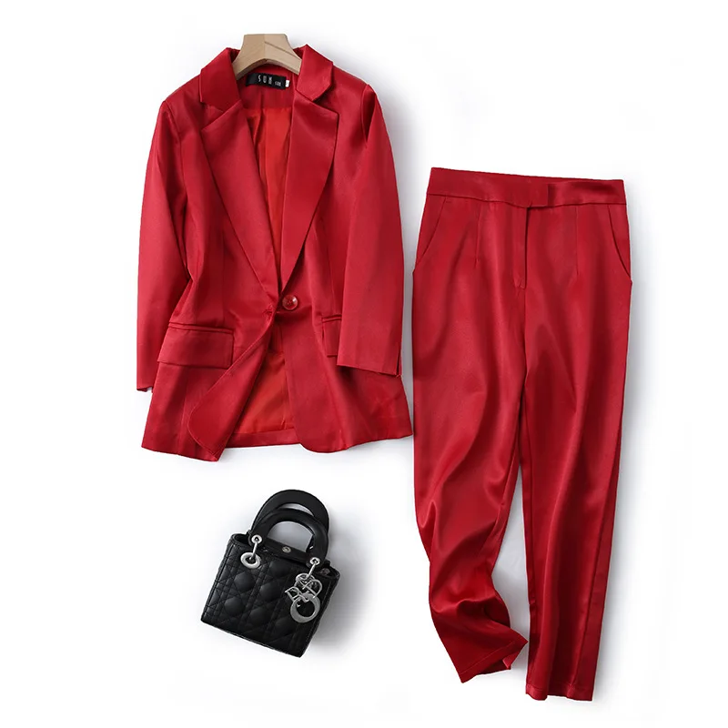 

Spring and autumn new real shot women's fashion OL professional goddess fan high-end solid color satin suit pants suit two-piece