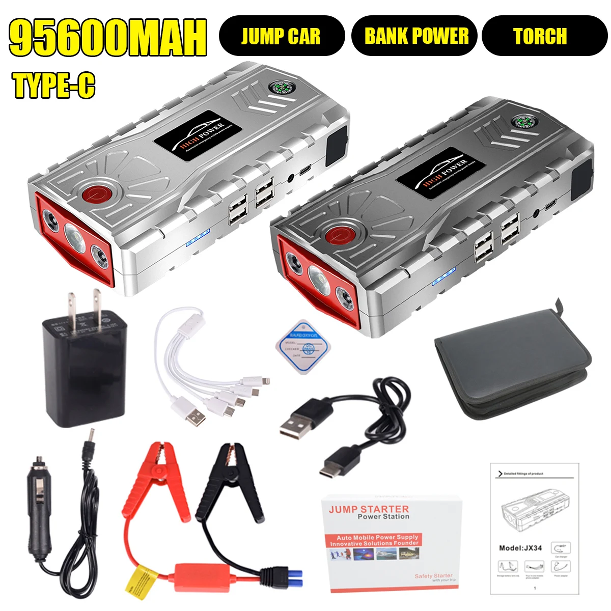 2 Color 98600mAh Multi-Function Car Jump Starter Portable USB Power-Bank Battery Booster Buster 800A Car Battery Booster Clamp
2 Color 98600mAh Multi-Function Car Jump Starter Portable USB Power-Bank Battery Booster Buster 800A Car Battery Booster Clamp