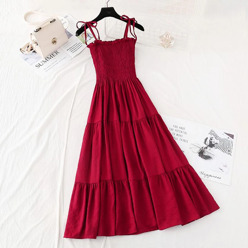 

Women Summer Bohemian Strap Long Dress Korean Vintage Cotton linen Ruffled Dress Sundress Sleeveless Slim Beach Holiday Dresses