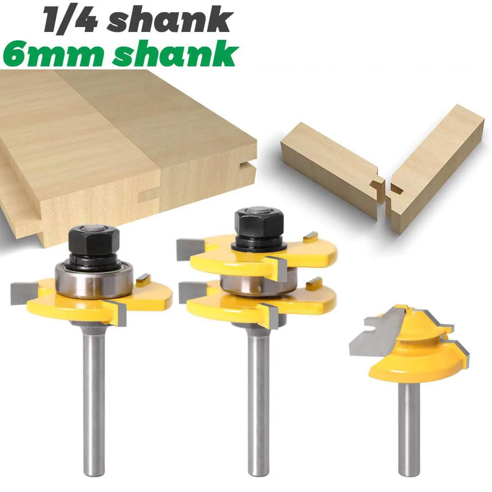 3PC/Set 1/4" 6.35MM 6MM Shank Milling Cutter Wood Carving 45 Degree Lock Miter Route Tongue & Groove Joint Assembly Router Bit
3PC/Set 1/4" 6.35MM 6MM Shank Milling Cutter Wood Carving 45 Degree Lock Miter Route Tongue & Groove Joint Assembly Router Bit