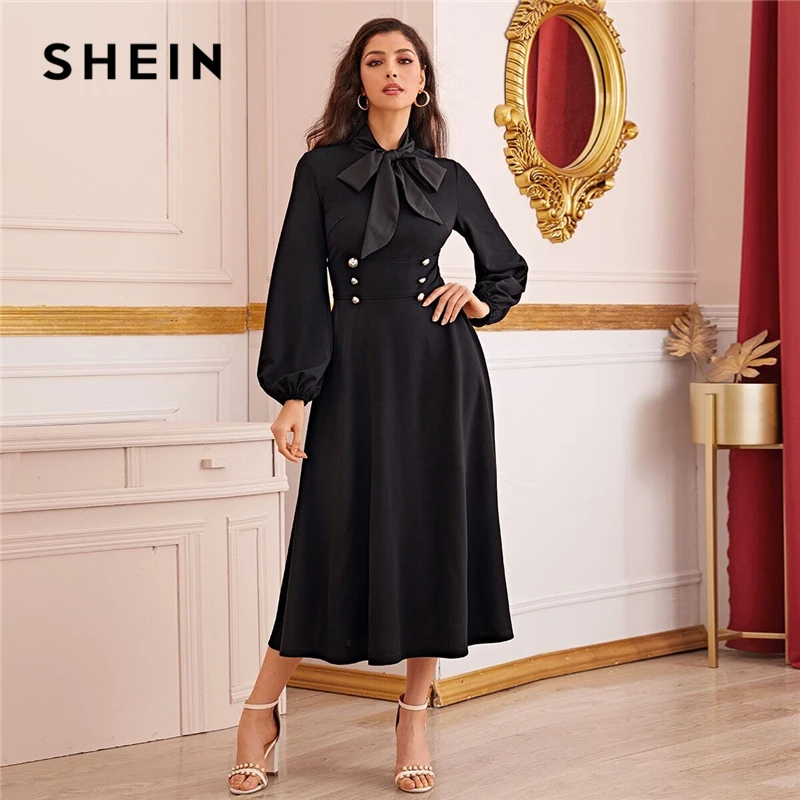 

SHEIN Black Tie Neck Buttoned Waist Elegant Maxi Dress Women Autumn Bishop Sleeve High Waist Ladies Party Flared Long Dresses