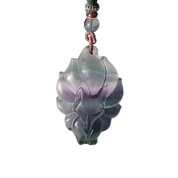 

Fine Natural fluorite Stone Pendants Carved Nine Tails Fox Pendant Sweater Chain Necklace Luck for Women Men Evil Spirit Jewelry