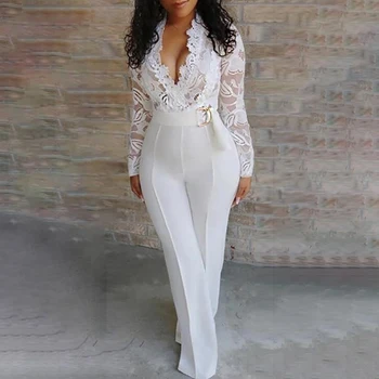 Autumn Deep V Neck Sashes Jumpsuit Women Long Sleeve Casual Overalls Sexy Office Lady Lace Patchwork Long Pants Jumpsuits