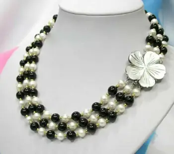 3 Rows 7-8mm White Freshwater Pearl & 8mm Black Agate Necklace 17-19'' Shell Flower Clasp 
3 Rows 7-8mm White Freshwater Pearl & 8mm Black Agate Necklace 17-19'' Shell Flower Clasp