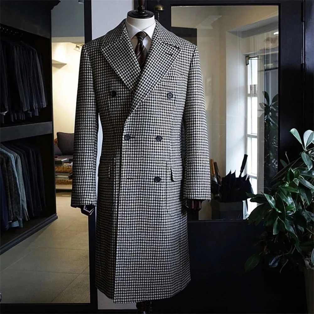 

Tweed Houndstooth Long Jacket Wool Blend Mens Suits For Wedding Blazer Custom Made Slim Fit Overcoat 2022 Long Coat Groom Blazer