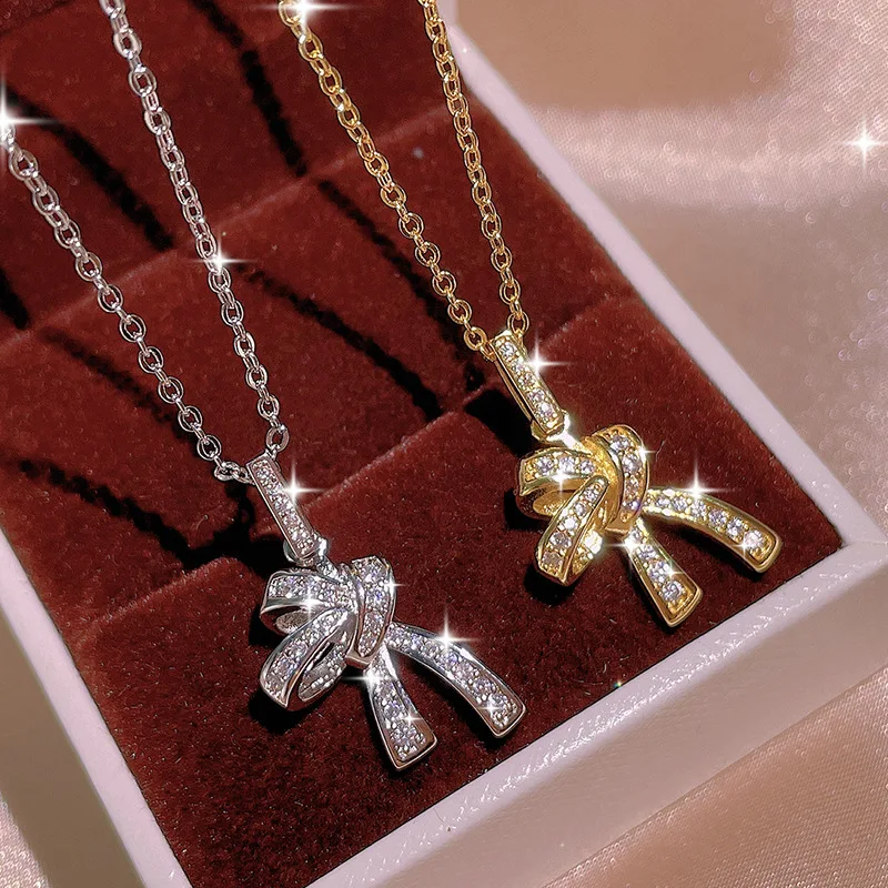 

2NEW Fashion S925 Silver Bow Necklace Female Simple Temperament Ins Net Red Clavicle Chain Engagement Christmas Gift Jewelry