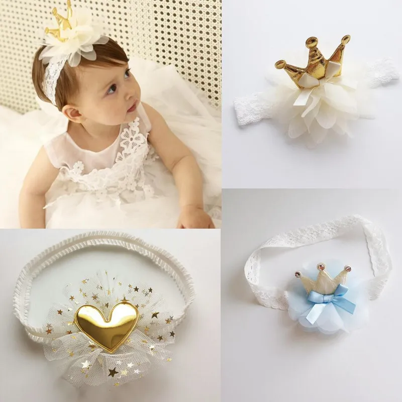 

2pcs/Set Boutique Quality Crown Headband For Baby Girls Elastic Bows Lace decorated kids infants Hairbands Love Head Hoop