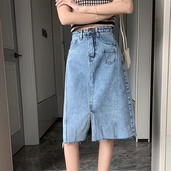 2020 Summer Mid-length Denim Skirt Female Fashion Stitching Package Hip A-Line High Waist Split Skirt
2020 Summer Mid-length Denim Skirt Female Fashion Stitching Package Hip A-Line High Waist Split Skirt