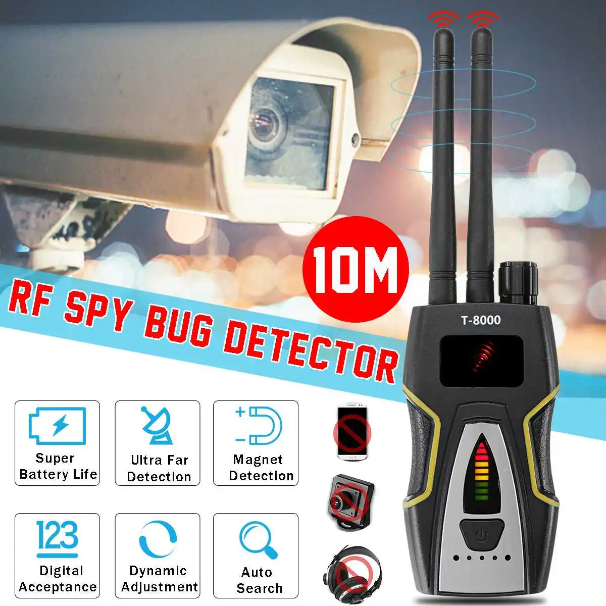 T8000 Pro Security RF Bug Anti Candid Camera Signal Detector Frequency Scanner GPS Wireless Tracker for Outdoor Business Safety
T8000 Pro Security RF Bug Anti Candid Camera Signal Detector Frequency Scanner GPS Wireless Tracker for Outdoor Business Safety