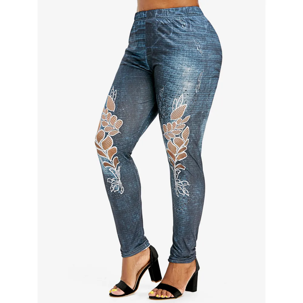 

ROSE GAL Plus Size Leaves Print Skinny Jeggings High Waist Jeggings Faux Denim 3D Jean Leggings Skinny Elastic Women'S Leggins