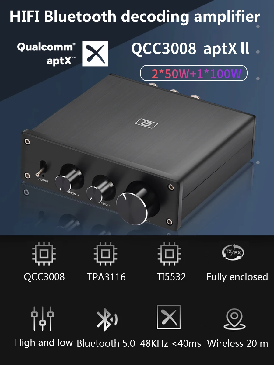 HiFi 2.1 Channel DAC Decoding Bluetooth 5.0 aptx ll Optional Class-D TPA3116 Power Amplifiers Home Audio Digital Sound Amplifier
HiFi 2.1 Channel DAC Decoding Bluetooth 5.0 aptx ll Optional Class-D TPA3116 Power Amplifiers Home Audio Digital Sound Amplifier