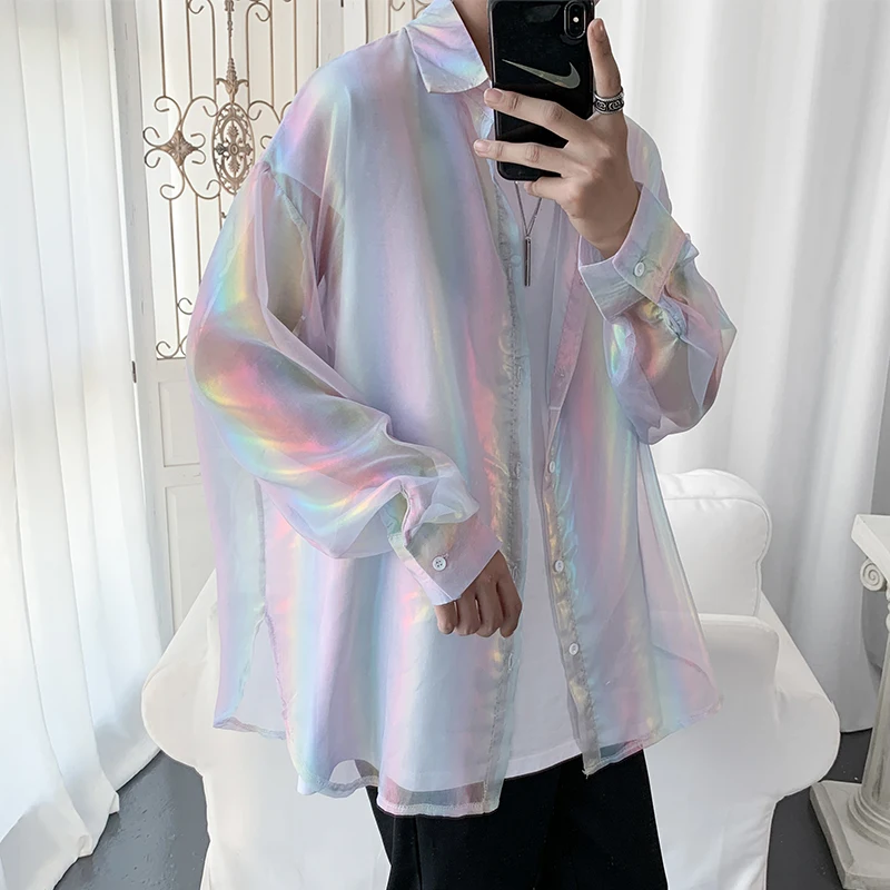 Mens Shirts Casual Slim Fit Summer Reflective Bright Sunscreen Clothing Korean Loose Thin Section See-through Long-sleeved Tops
Mens Shirts Casual Slim Fit Summer Reflective Bright Sunscreen Clothing Korean Loose Thin Section See-through Long-sleeved Tops