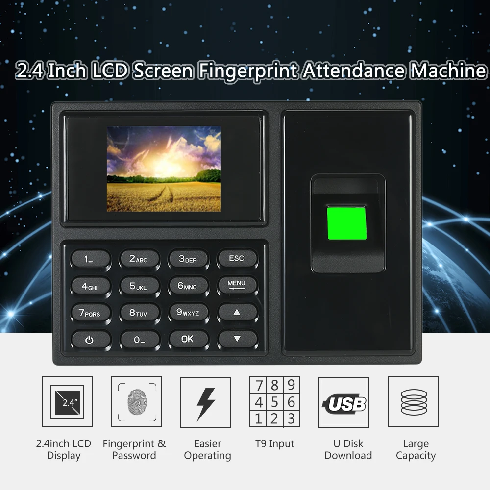 

Intelligent Biometric Fingerprint Password Attendance Machine Employee Checking-in Recorder 2.4 inch TFT LCD Screen Time Clock