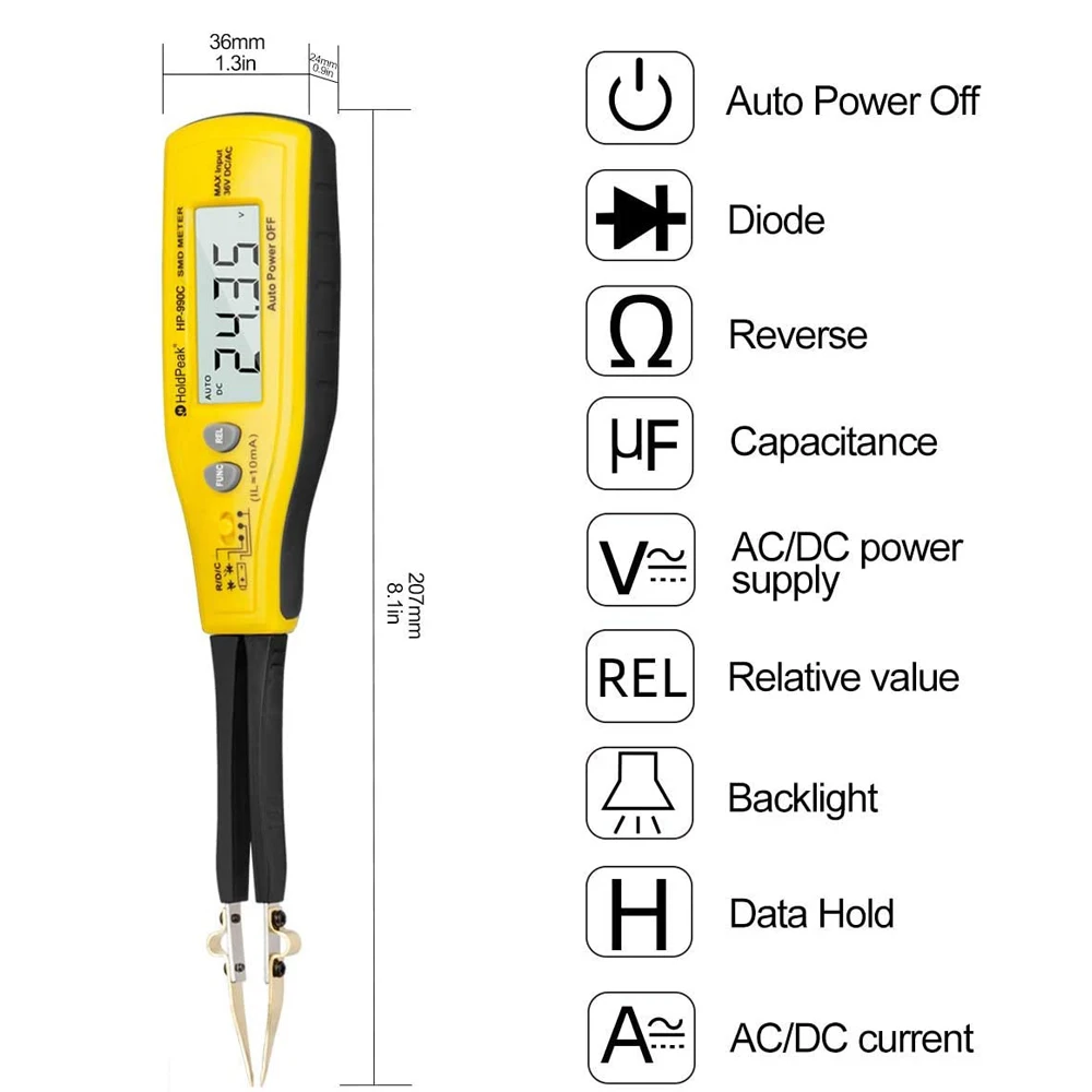 990C Digital SMD Tester Capacitance Meter for Diode Capacitance Resistance Tweezers Meter Battery Tester with Spare Test Pin
990C Digital SMD Tester Capacitance Meter for Diode Capacitance Resistance Tweezers Meter Battery Tester with Spare Test Pin