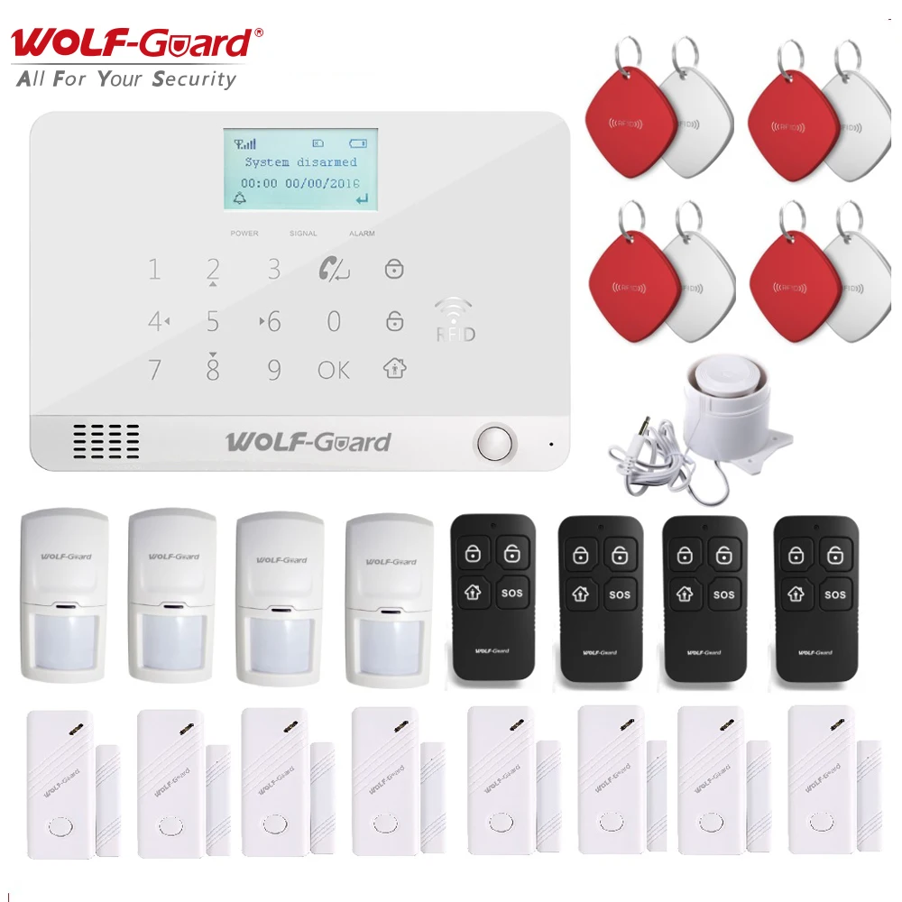 

Wolf-Guard LCD GSM SMS Wireless Home Alarm Security Burglar System App Control Door Sensor PIR Detector Keyfobs RFID Card