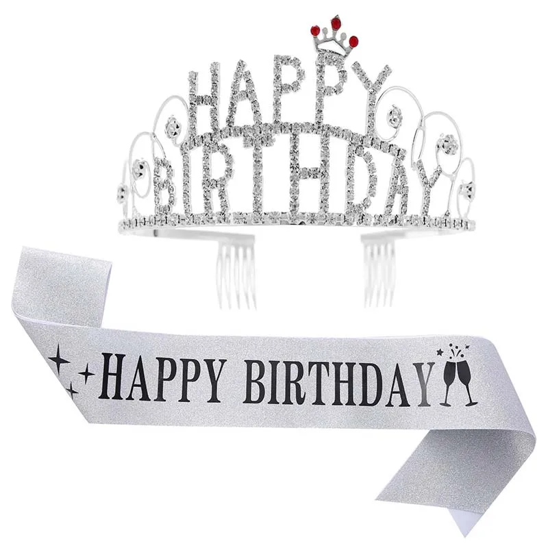 

Happy Birthday Crown Tiara Satin Sash Adult Girl Bling Crystal Headband Birthday Tiaras+Sashes Birthday Anniversary Decoration