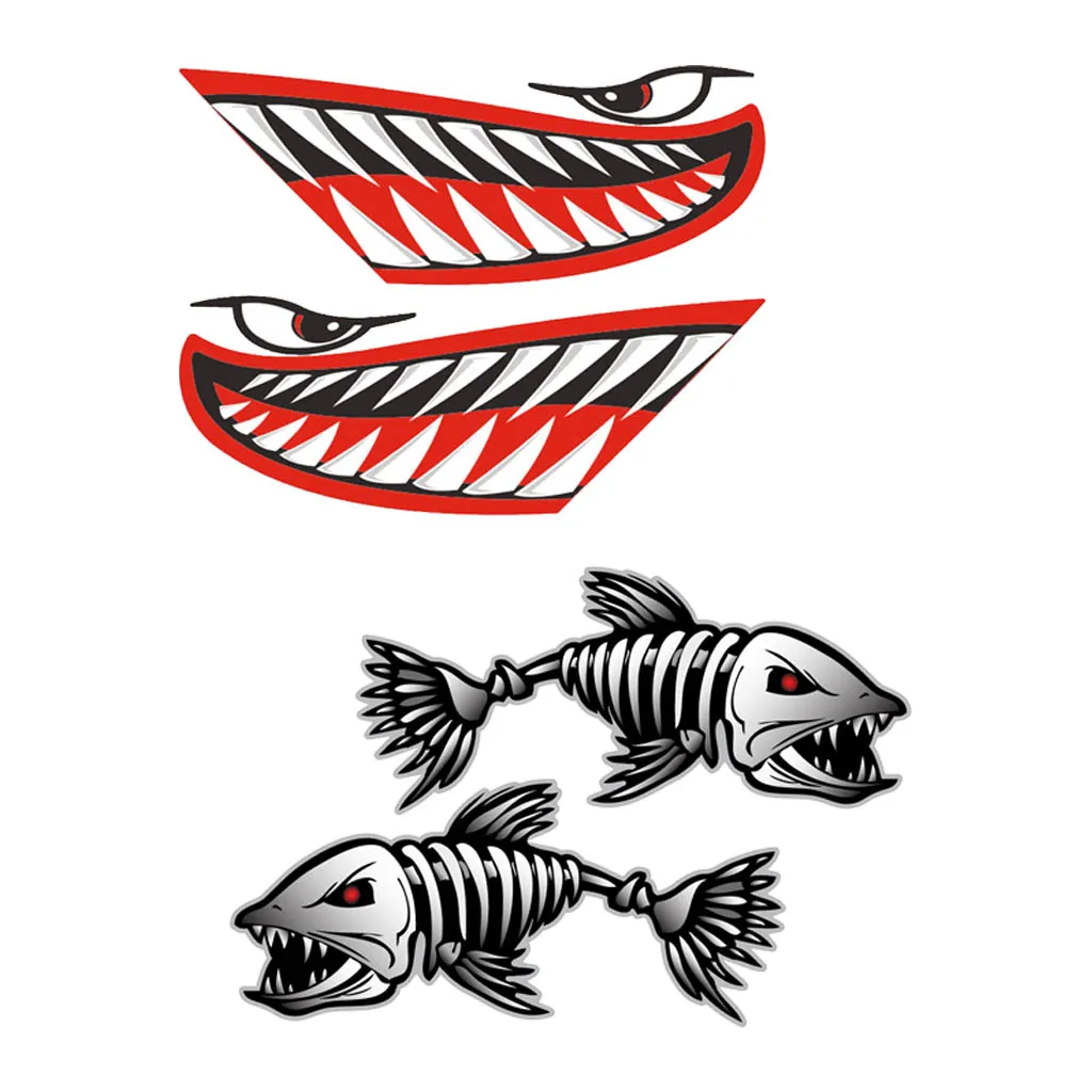 2x Fish Skeleton + 2x Shark Mouth Teeth Decals Kayak Ocean Boat DIY Stickers - Waterproof & Durable 2x Fish Skeleton + 2x Shark Mouth Teeth Decals Kayak Ocean Boat DIY Stickers - Waterproof & Durable