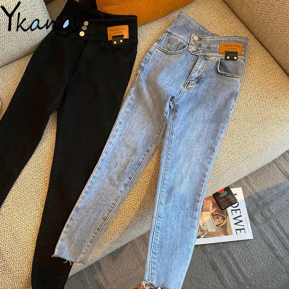 

Irregular Tilt 3 Buttons High Waist Desigual Slim Pencil Jeans Streetwear Women Harajuku Denim Pants Korean Stretchy Trousers