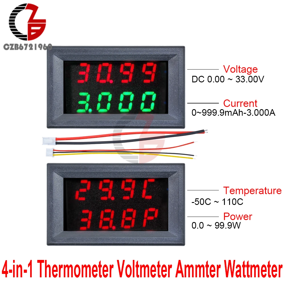 4 in 1 Dual Display Digital Thermometer Voltmeter Ammeter Wattmeter Digit Car Temperature Voltage Current Power Meter Tester | Инструменты