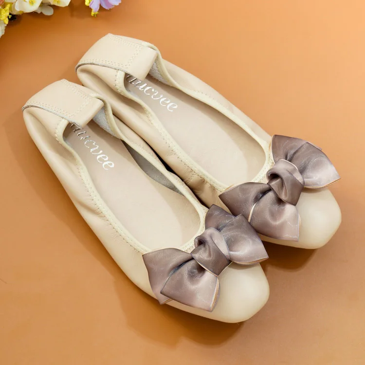 Women Ballet Flats Plus Size 34-43 Cow Leather Loafers Woman Shoes 2018 Spring Sweet Bow Slip On Black Ballerina Shoes For Women (1)