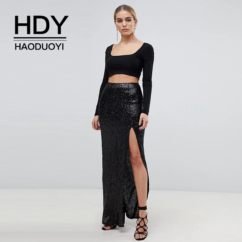 

HDY Haoduoyi 2019 New Arrival Western Style Popular Side Split High Waist Long Section Sexy Sequin Summer Women Hip Skirt