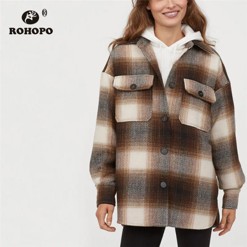 ROHOPO Turn Down Collar Plaid Tweed Autumn Winter Jacket Coat Buttons Fly Chest Flaps Pockets Round Edge Loose Outwear #8187
ROHOPO Turn Down Collar Plaid Tweed Autumn Winter Jacket Coat Buttons Fly Chest Flaps Pockets Round Edge Loose Outwear #8187